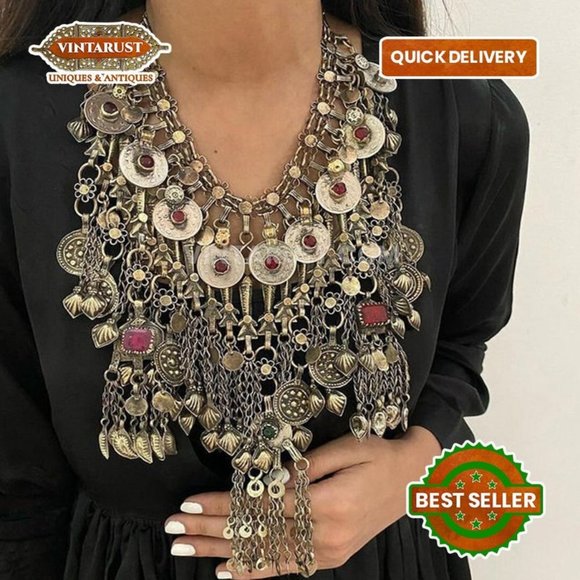 Vintage Afghan Necklace Embellished with Fish Motifs, Oversized Chokers - Picture 4 of 10